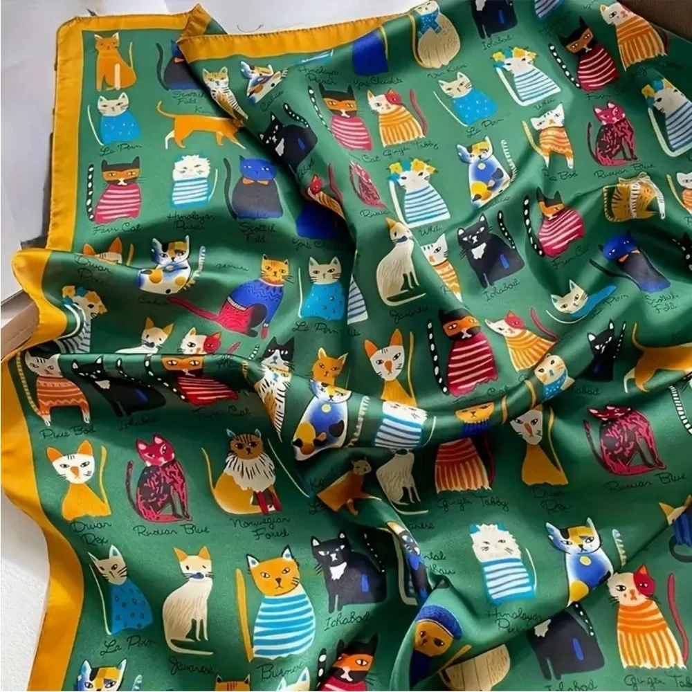 Cat Breeds Cartoon Whimsical Printed Square 27.5” Scarf, Green